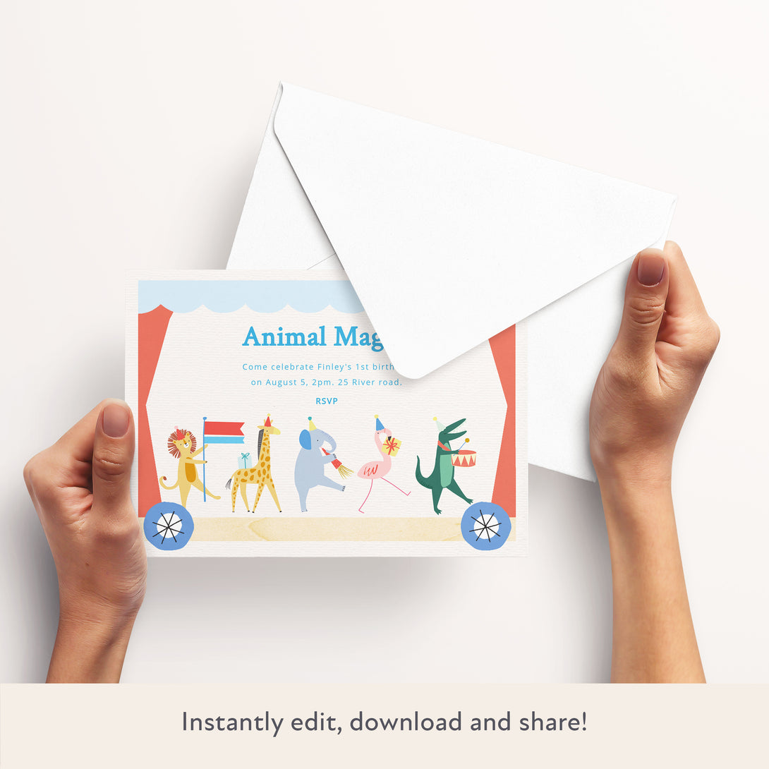 Our personalized party invitation, featuring an adorable animal design, is perfect for a circus party or a child's birthday party.