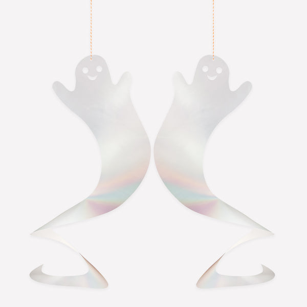 Our ghost decorations, with silver holographic foil, are perfect to add to your Halloween hanging decorations, designed to spin for great effect. Image1