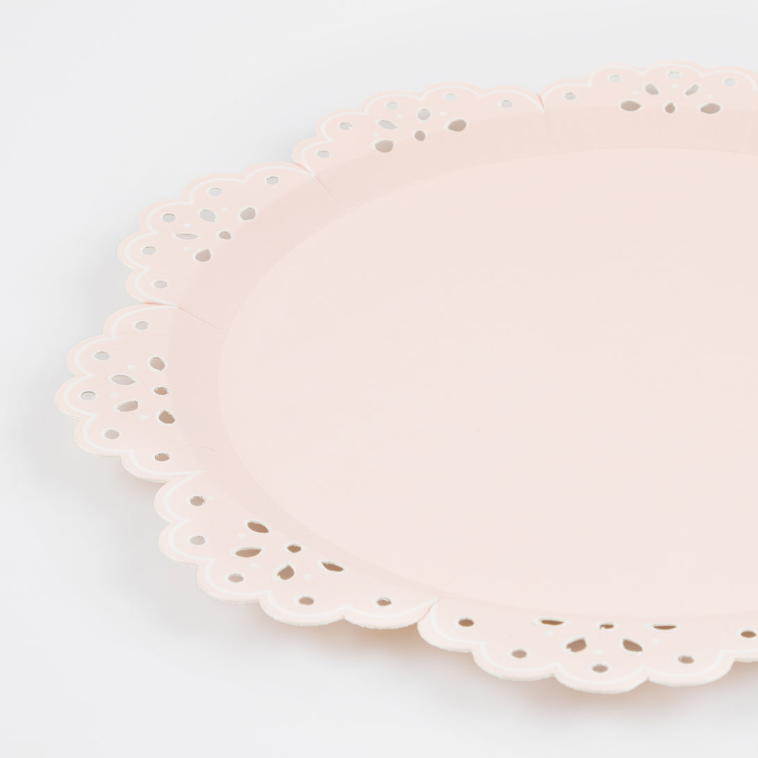 Our pink plates and peach plates, with a pretty lace design, are the perfect bridal shower plates.