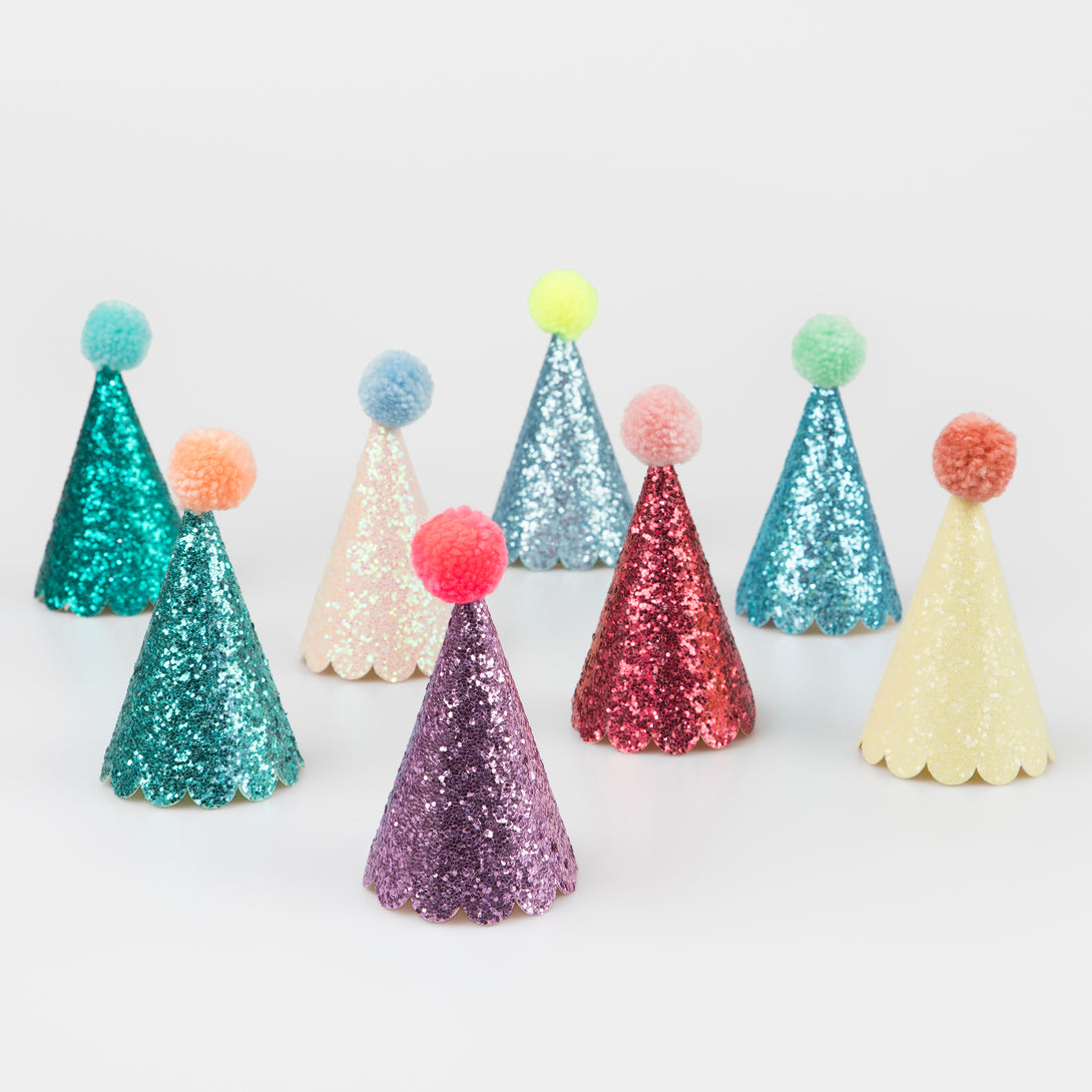 Our party hats have lots of shiny glitter for a party look.