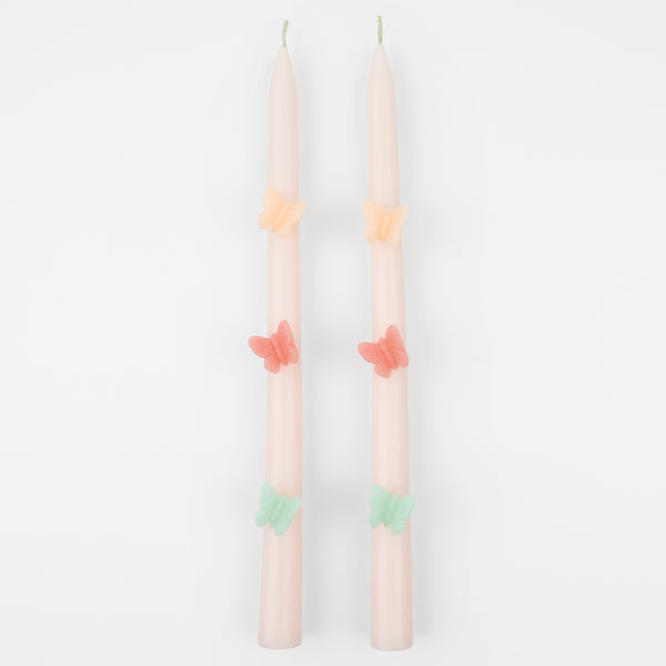 Our tall candles, in pink with colored wax butterflies, are perfect as princess party candles or fairy party candles.