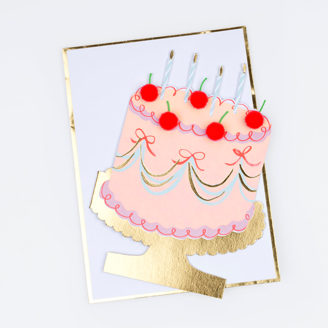 Our birthday cake card, decorated with pompom cherries, is a fabulous way to send birthday best wishes to a special someone.