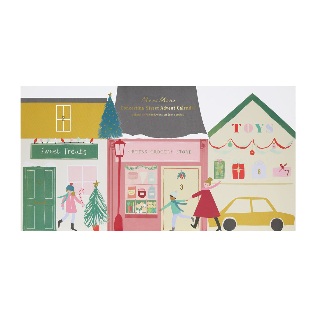 Our paper advent calendar is designed to look like Christmas street scene, with festive illustrations behind the windows and doors.