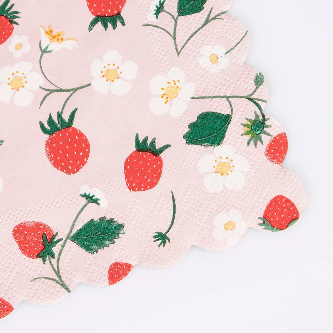 Our party napkins, in a handy small size, have a sweet strawberry design and scalloped edge, use them for picnics or garden parties.