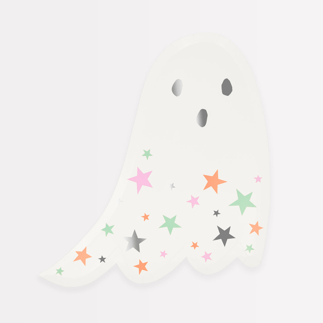 Our special Halloween party set includes ghost plates, ghost napkins and ghost decorations.