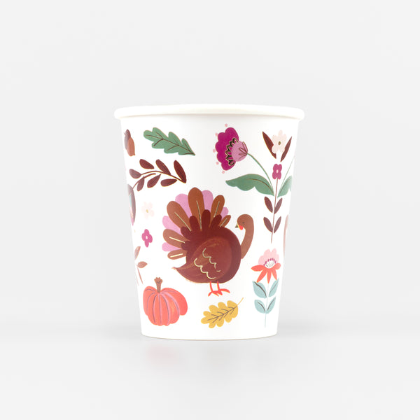 Our party cups feature a folk-inspired design with harvest symbols and rich, earthy colors, ideal for a fall party or Thanksgiving dinner. Image1