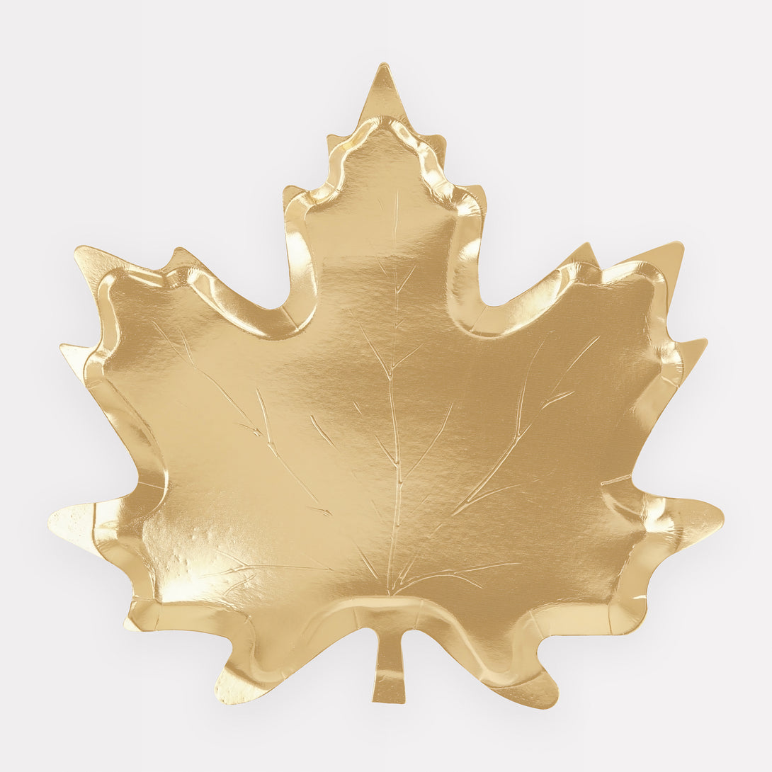 Add shimmer and shine to your Thanksgiving table with our special maple leaf plates with a gold foil finish.