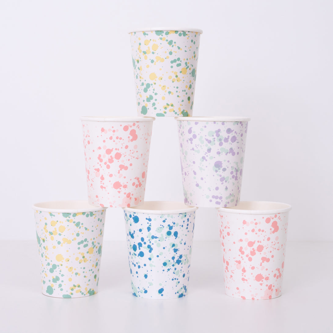 Our paper cups feature a speckling of colors, making them ideal for any kids birthday party themes or baby showers.