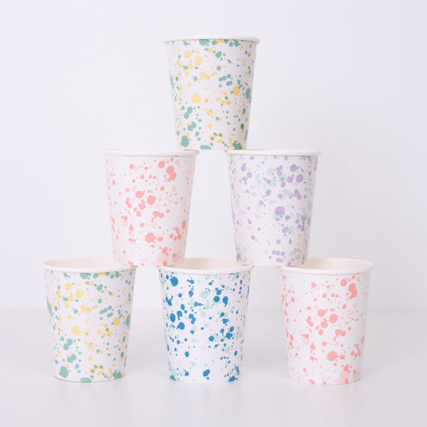 Our paper cups feature a speckling of colors, making them ideal for any kids birthday party themes or baby showers.