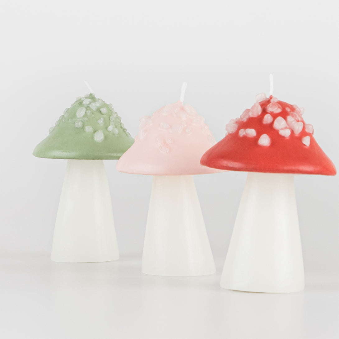 Our party candles, in the shape of 3D mushrooms, are perfect as candle decorations and as a hostess gift.