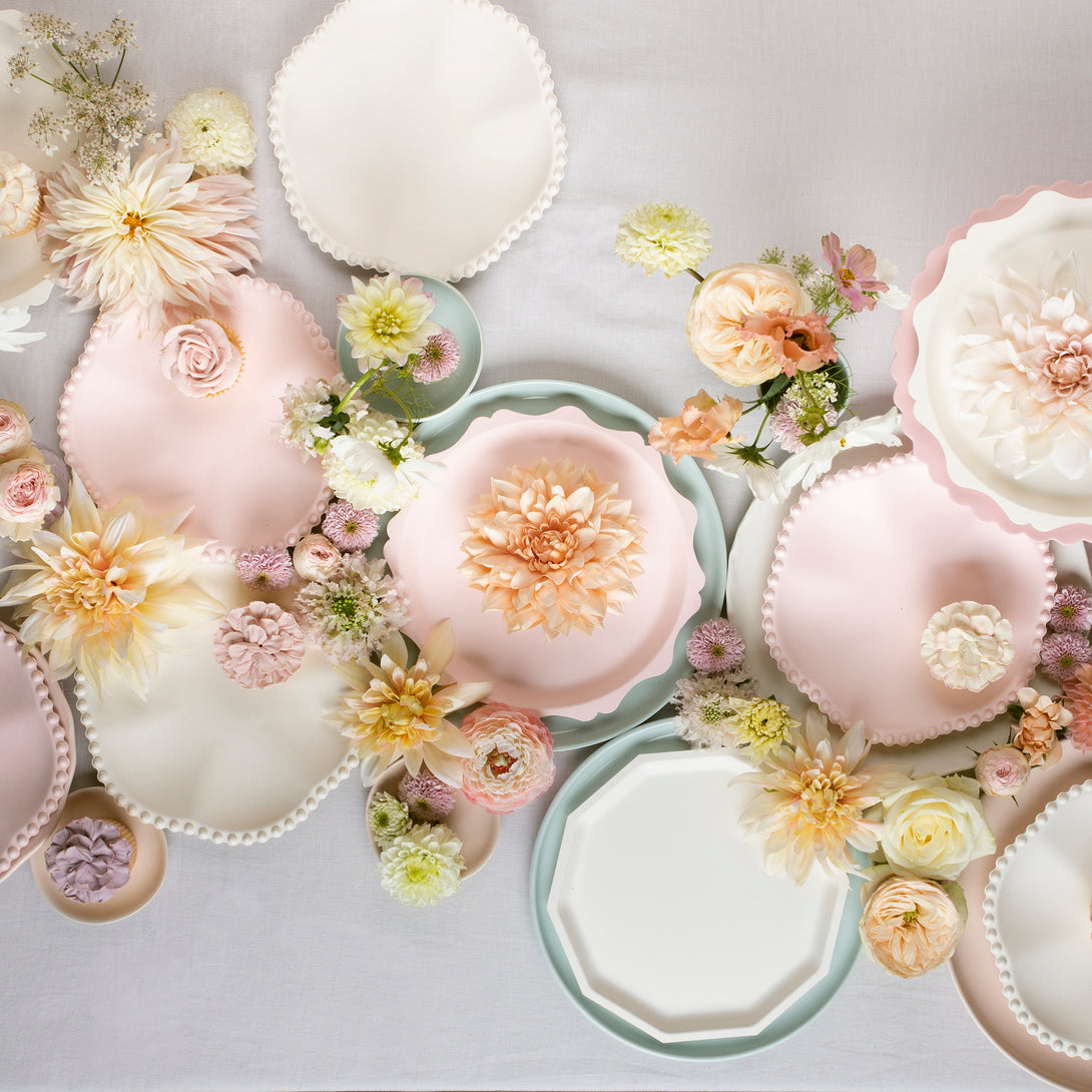 Our small compostable plates, in a soft pink color, have a decorative edge making them look pretty for a princess park or baby shower.