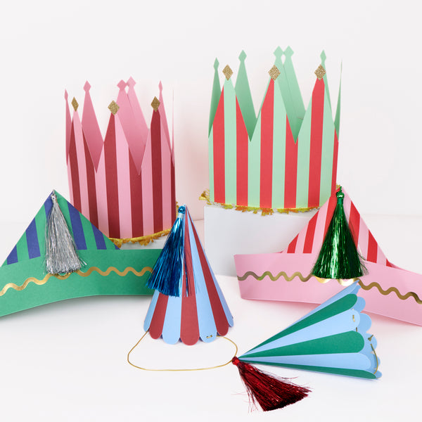 Our Christmas party hats feature striped designs, with fun embellishments including tassels, glitter and shiny gold foil for a fun look. Image1