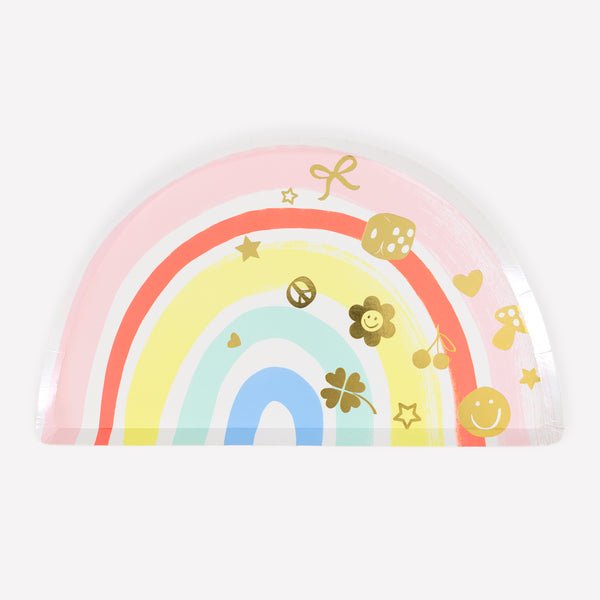 Our paper side plates are made in the shape of a colorful rainbow with shiny gold foil charm designs, ideal for a rainbow or unicorn party. Image1