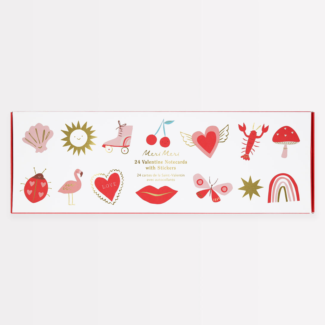 Our Valentines cards for kids include fun stickers and envelopes with puns and greetings, lots of pink and red and shiny gold foil look great.