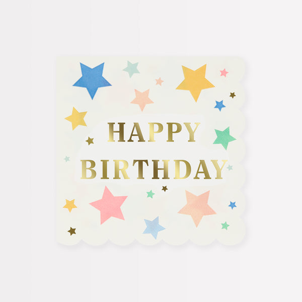 Our party napkins are the perfect birthday napkins as they feature the words Happy Birthday and lots of colorful stars.