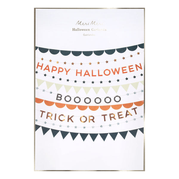 Our 10 Halloween garlands feature classic text, stars, scallops and triangles in black, orange, cream, silver and copper foil. Image2