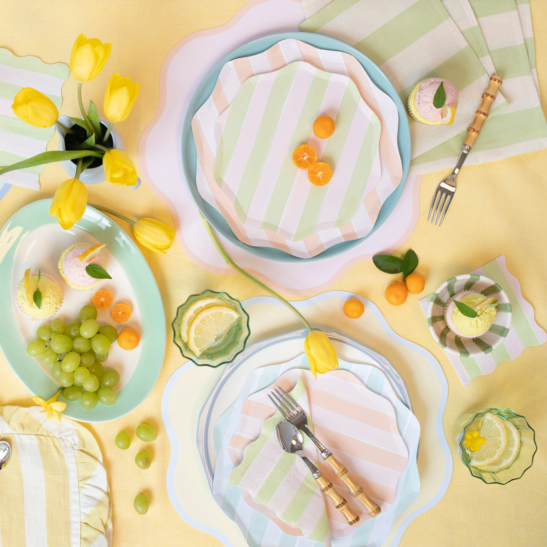 Our side plates, crafted in paper with thick pastel stripes, will look amazing at any spring party or as picnic plates.