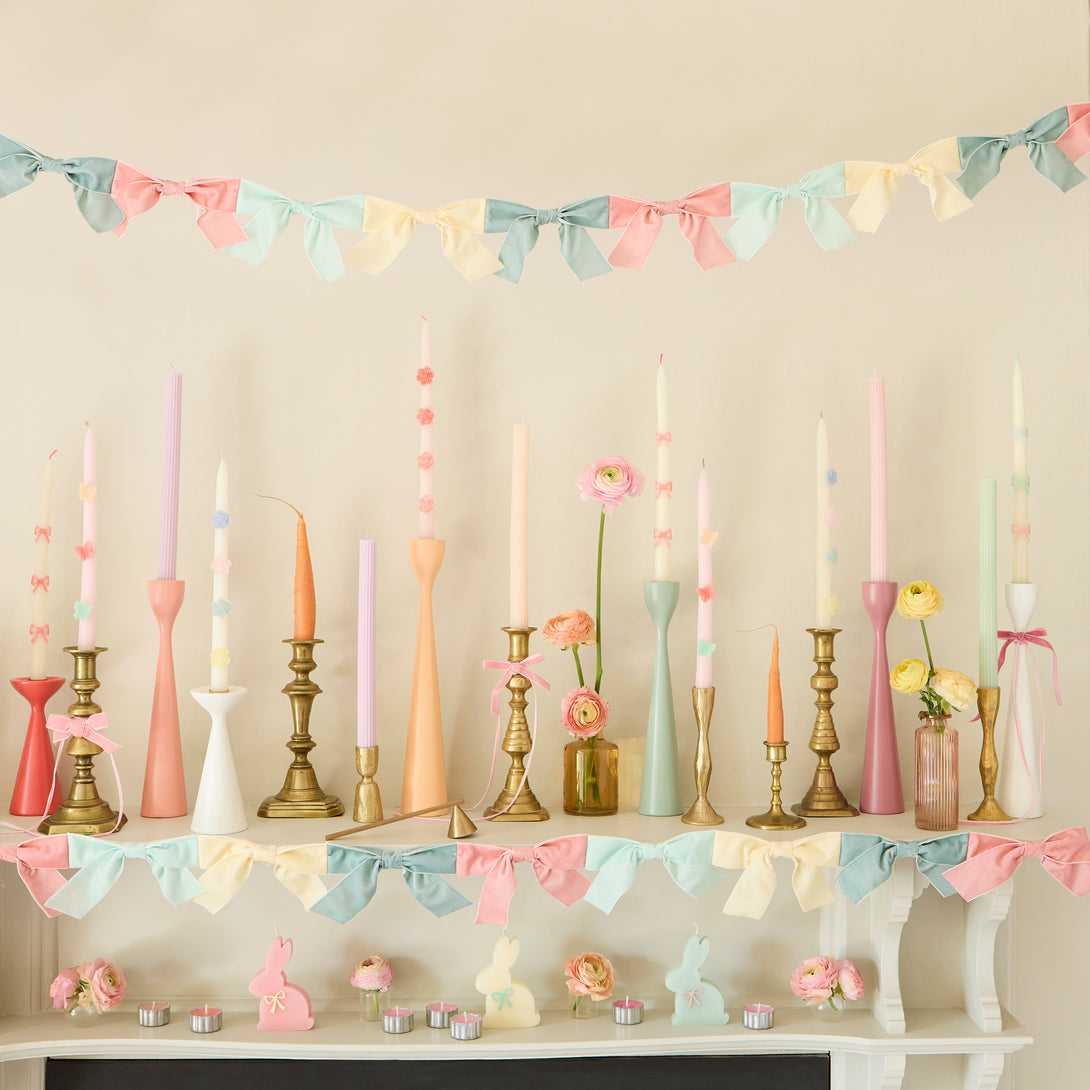 Our velvet bow fabric garland makes a special hanging decoration for a baby shower or bridal shower.