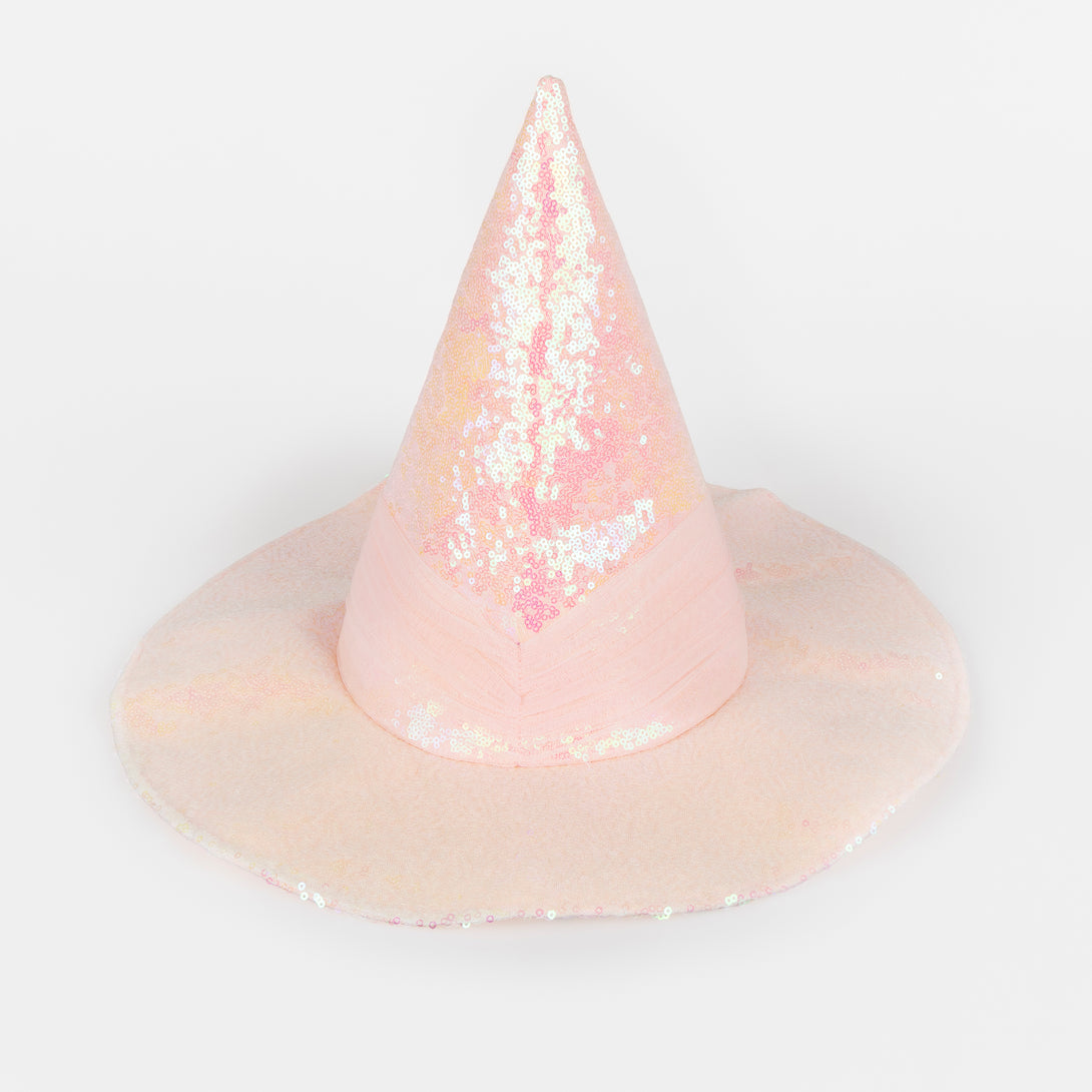 Our pink witch hat is made with iridescent pink sequin fabric and pink tulle for a shimmering, stylish Halloween costume. Image2