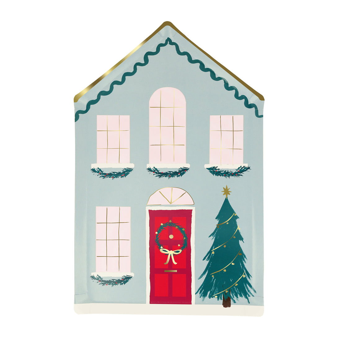 Our Christmas plates are made in the shape of houses, with a traditional wintry scene with a Christmas wreath and decorations on the tree.