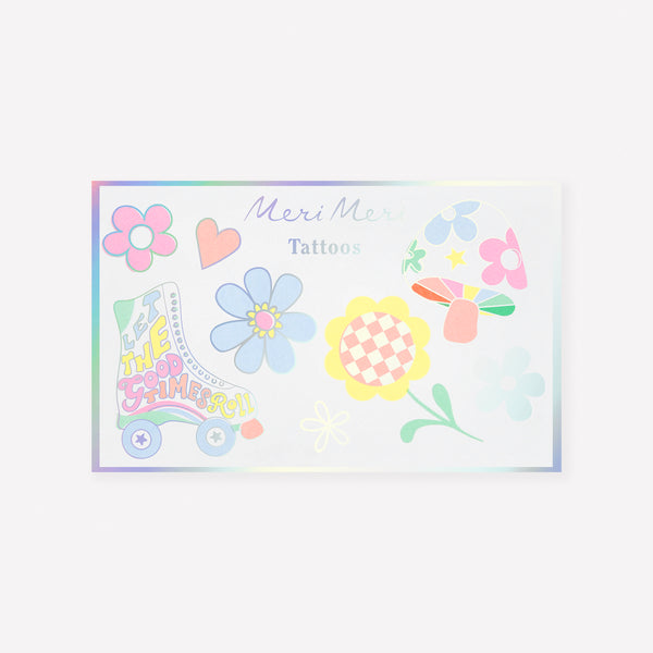 Our temporary tattoo set features 18 designs in groovy colors, perfect as party bag gifts for a 70s party or whenever you want bright fun. Image1