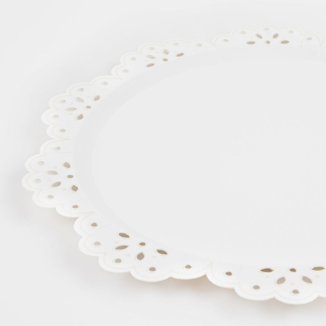 Our large party plates with pretty lace details are ideal as baby shower plates.