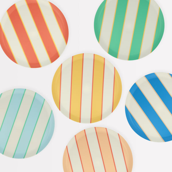 Our striped plates, made from recycled plastic, are fabulous reusable plates for all parties, including as cocktail plates.