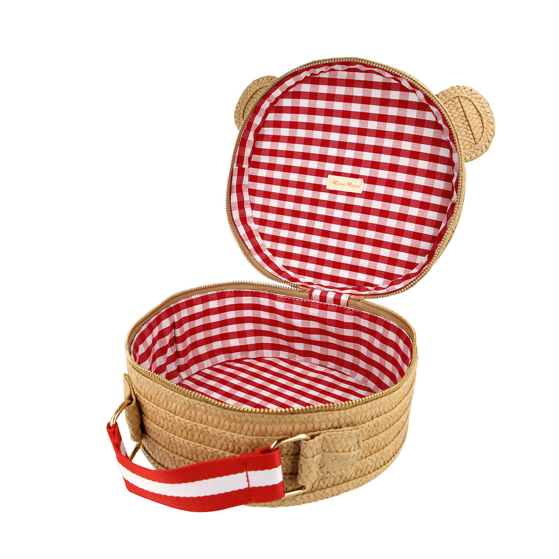 Our bear bag is crafted from sturdy paper with a fun gingham lining, perfect to wear to parties or for picnics.