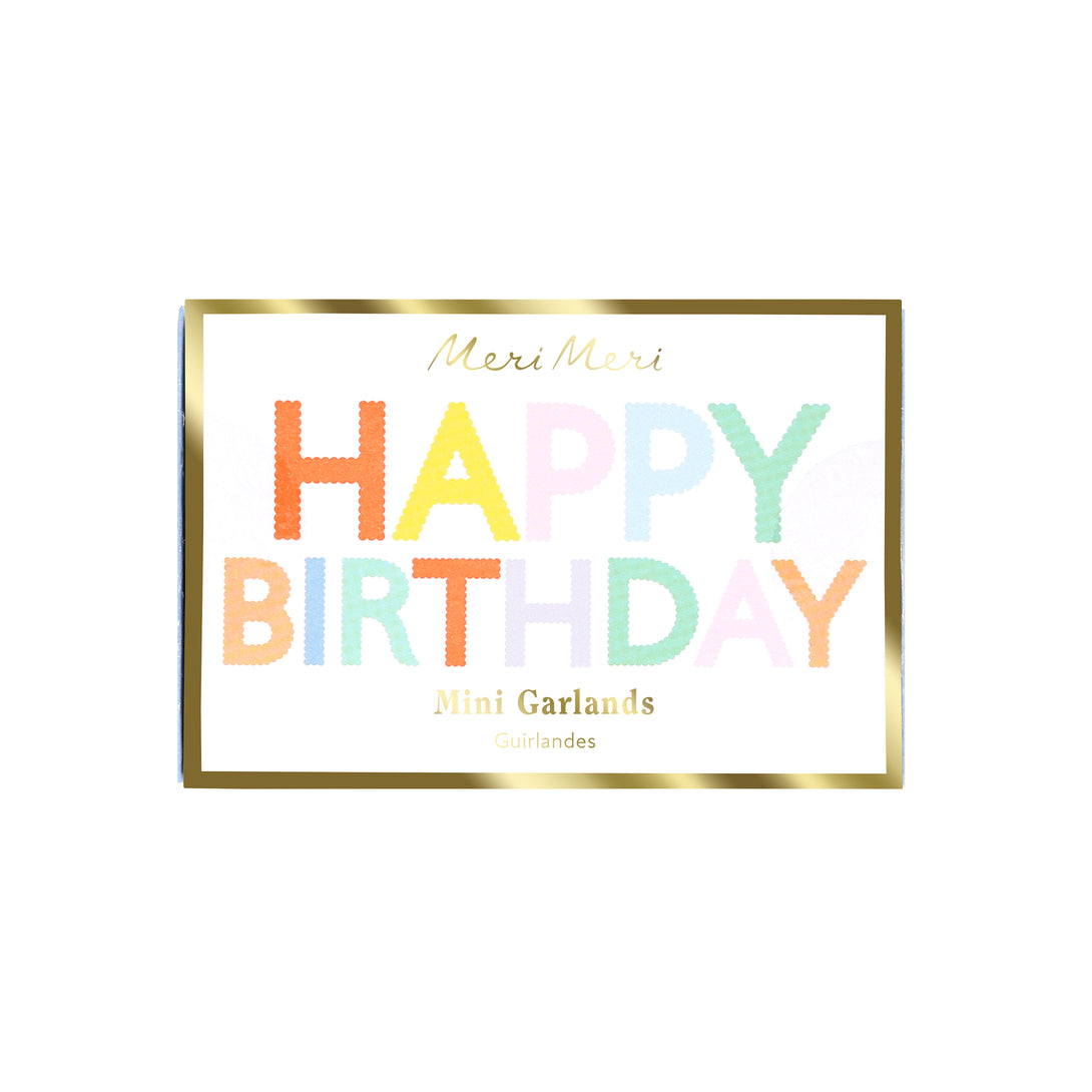 Our birthday garland set includes one that spells out Happy Birthday and another with flag pennants, in bright colors.