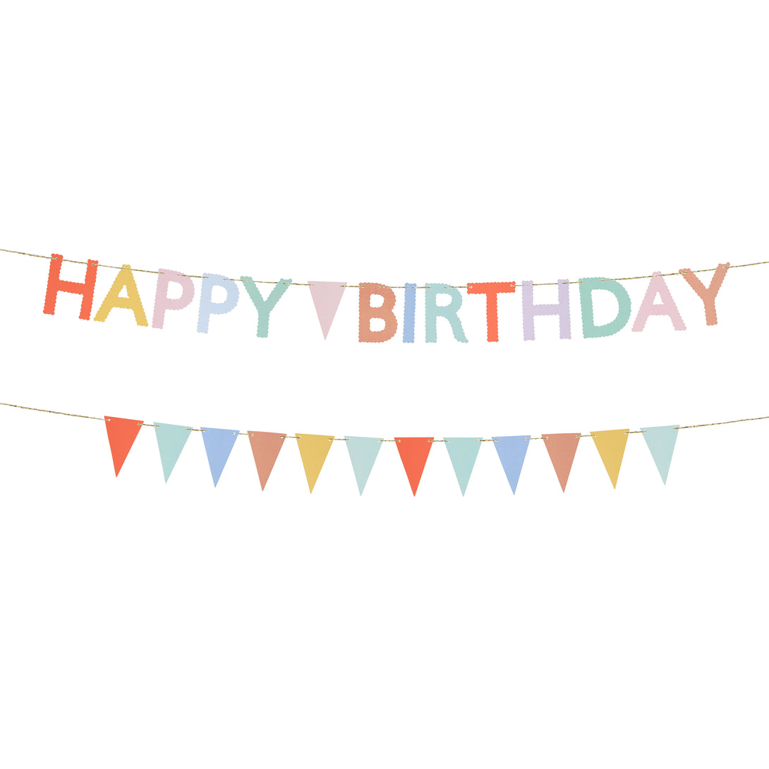 Our birthday garland set includes one that spells out Happy Birthday and another with flag pennants, in bright colors.