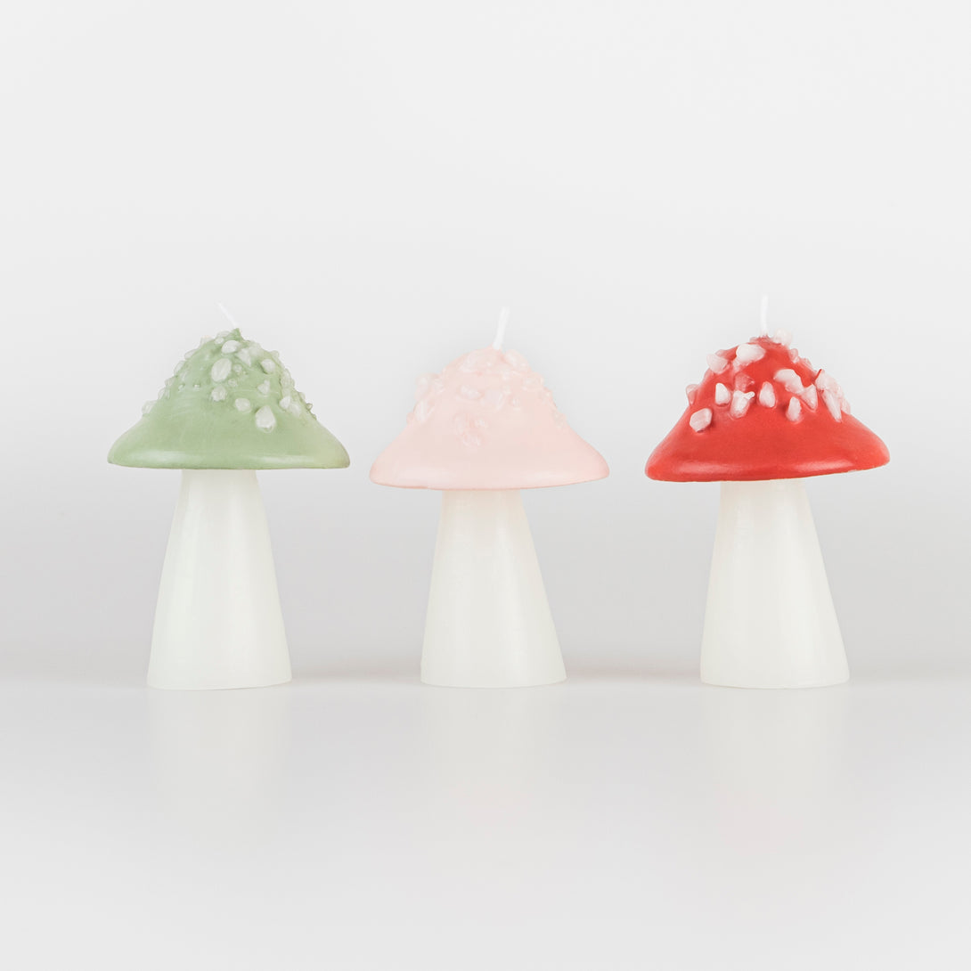 Our party candles, in the shape of 3D mushrooms, are perfect as candle decorations and as a hostess gift.