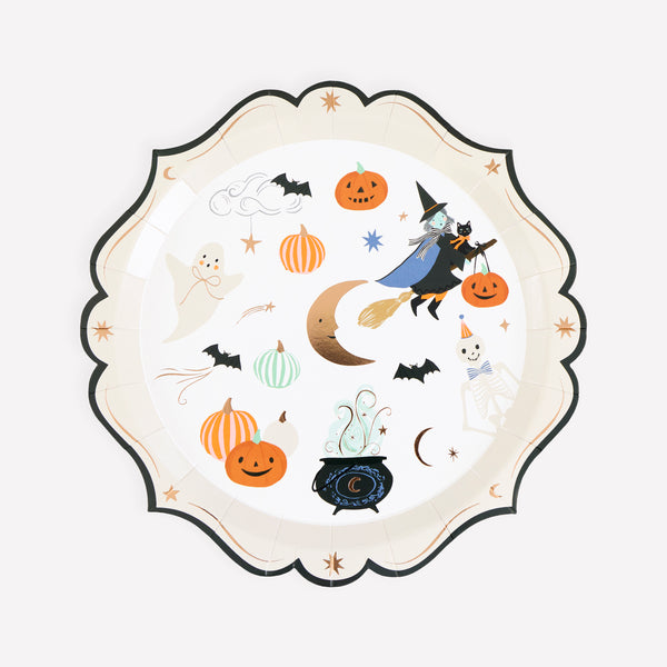 Our Halloween plates, made from paper and in a small plate size, feature happy characters in seasonal colors with pops of copper foil. Image1