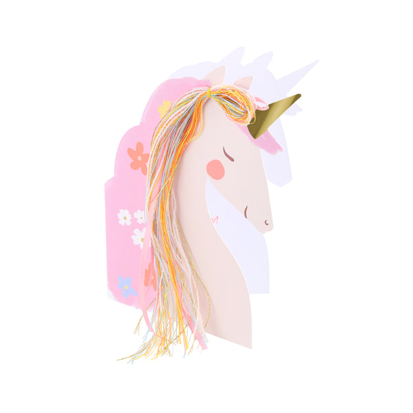 Our unicorn birthday card features a pretty unicorn with a mane made with sparkly thread, colorful yarn and light pink satin ribbon/