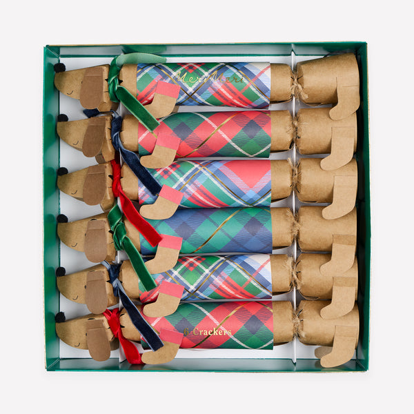 Our sausage dog Christmas crackers have adorable plaid coats and velvet scarves, and contain a paper hat, joke and sausage dog pin. Image1