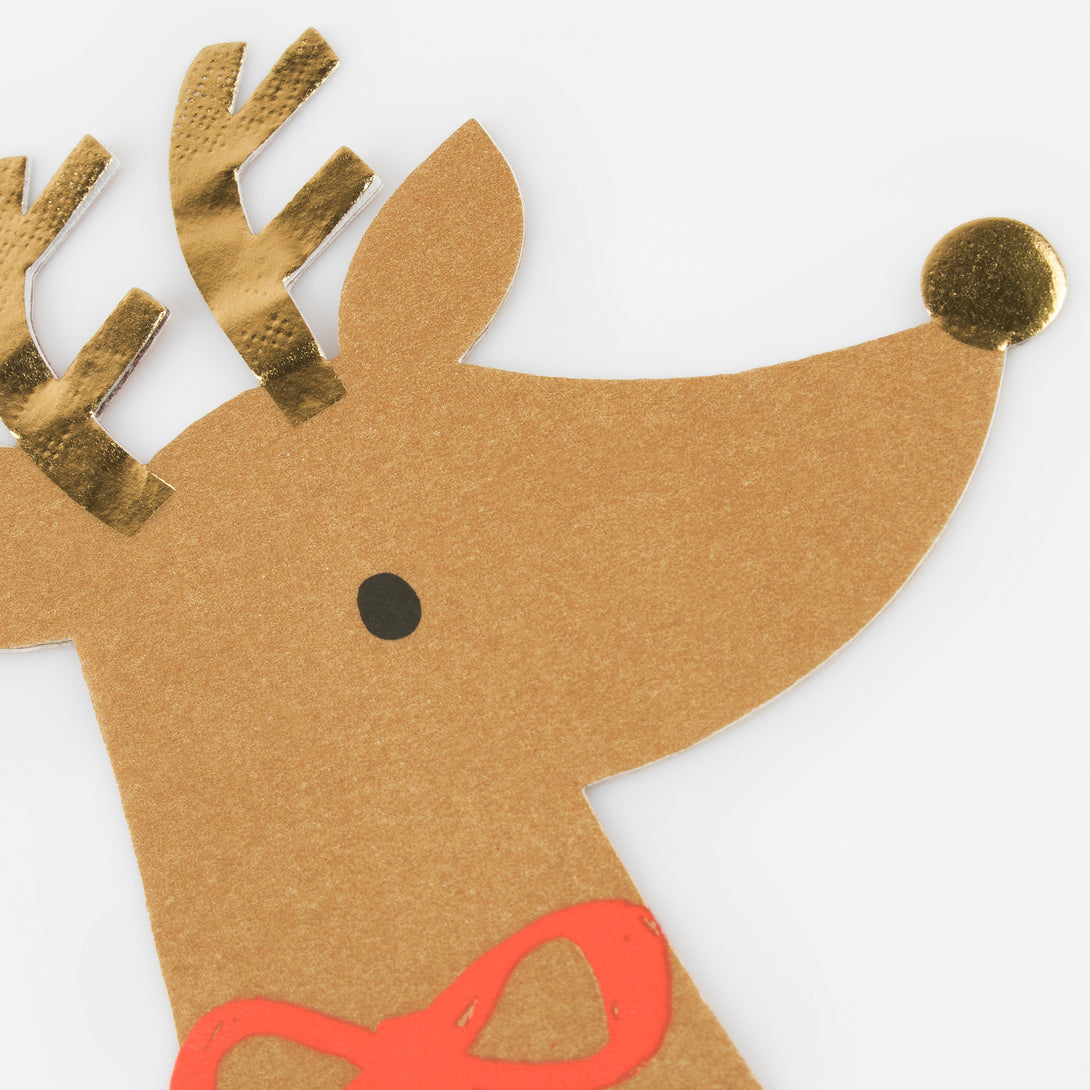 Our Christmas napkins, in the shape of reindeer with shiny gold foil antlers, will look amazing at your festive meals.