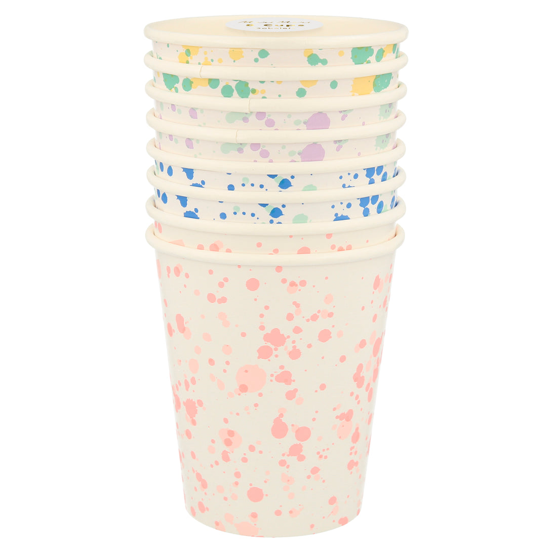 Our paper cups feature a speckling of colors, making them ideal for any kids birthday party themes or baby showers.