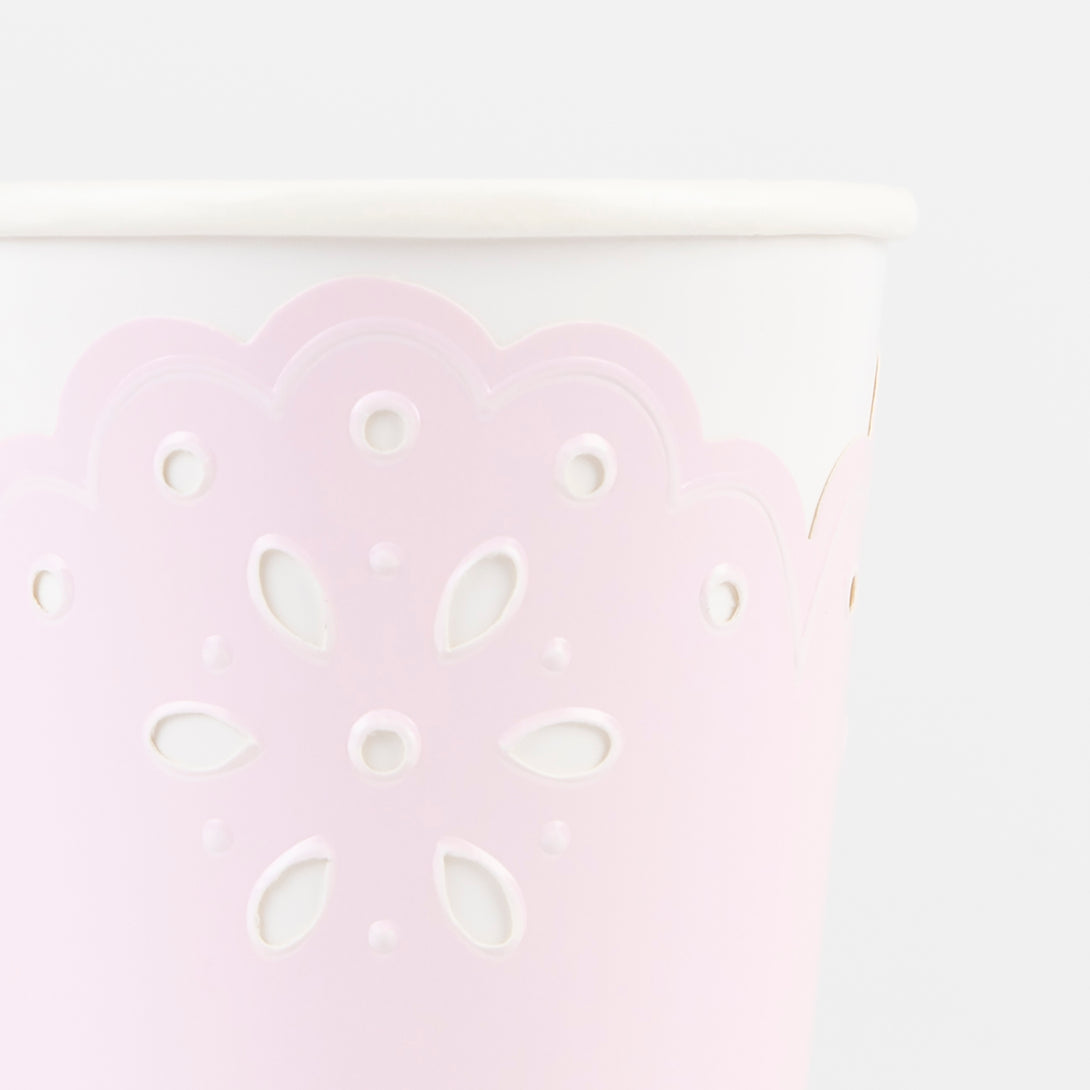 Our party cups are very pretty with their lace design and pink and peach colors.