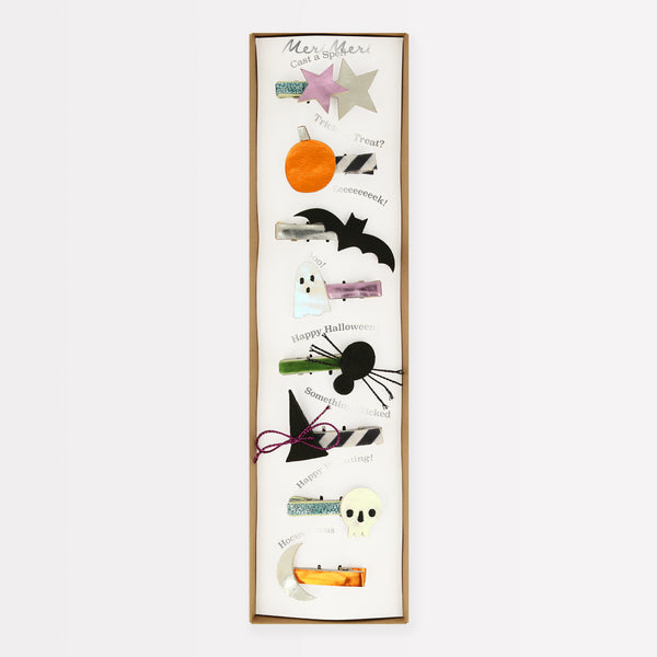 Get Halloween party hair with our hair clips with Halloween icons.