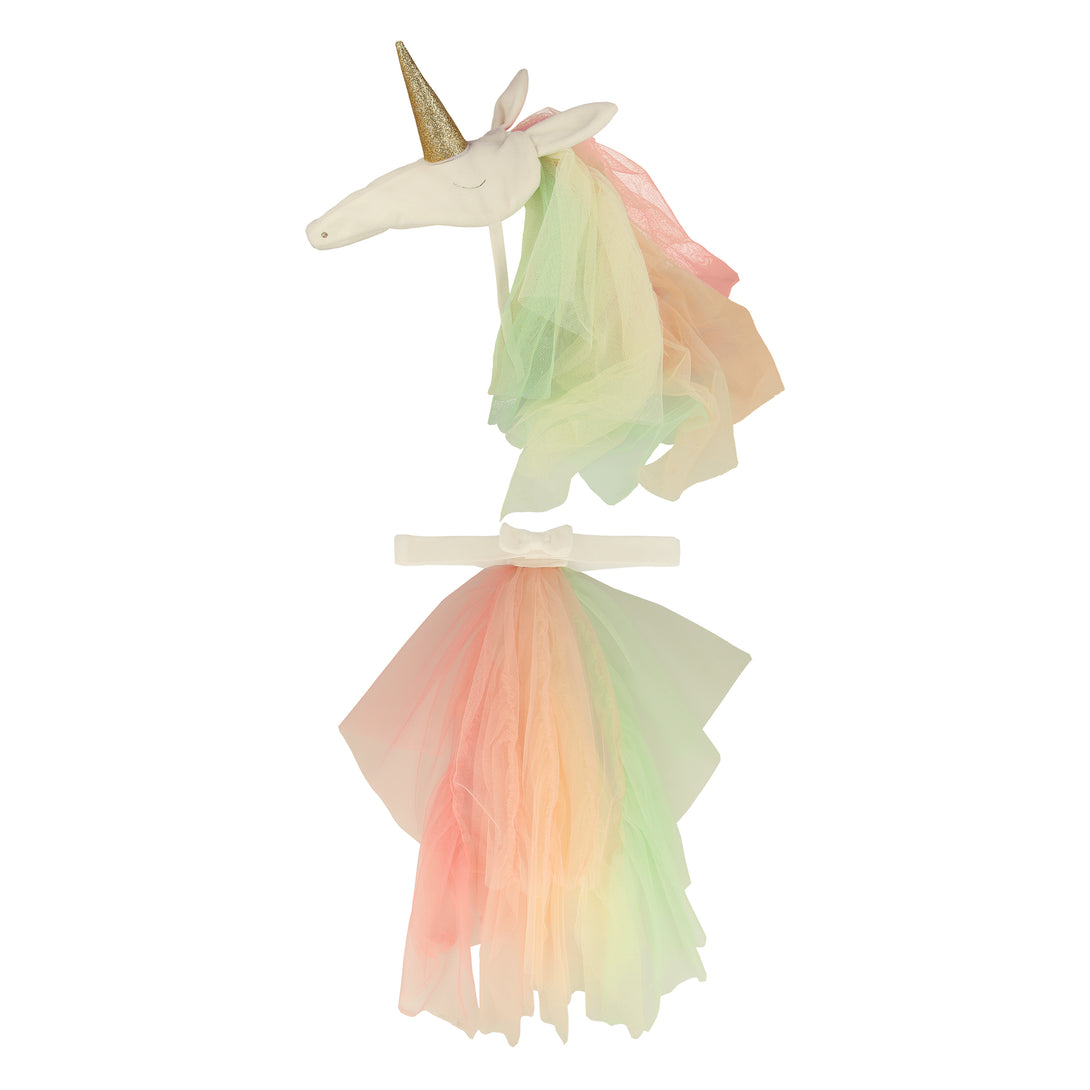 Our unicorn costume features a headpiece with a gold glitter horn rind rainbow tulle mane and a waistband with a rainbow tulle tail.