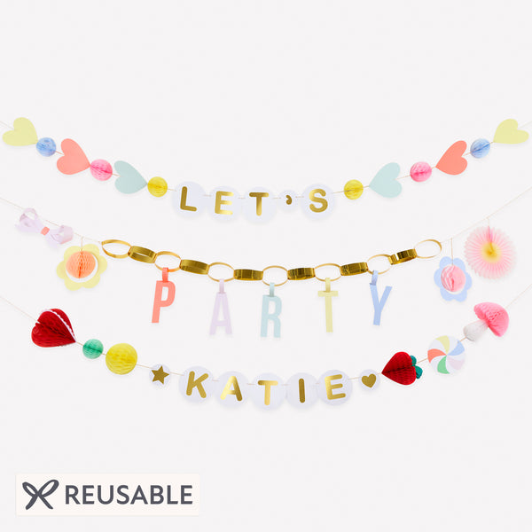 Our party garland features 3 garlands, with a section to personalize the birthday girl or boy's name, perfect to add to your birthday party decor. Image1