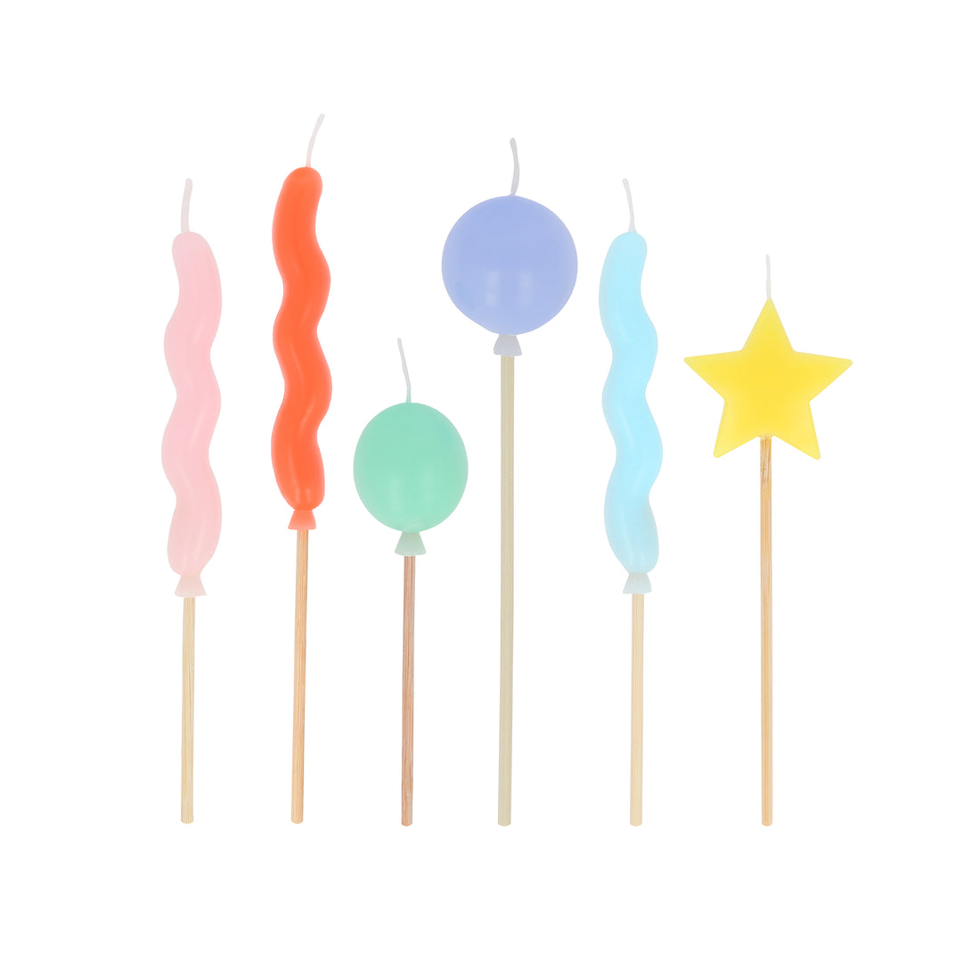 Our birthday candles are great as birthday cake decorations, featuring balloon shapes and bright colors.