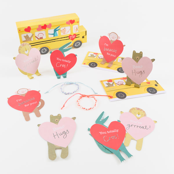 Our Valentine's day cards for kids set includes 12 adorable animal cards with friendship bracelets and fun envelopes, a fantastic gift. Image1
