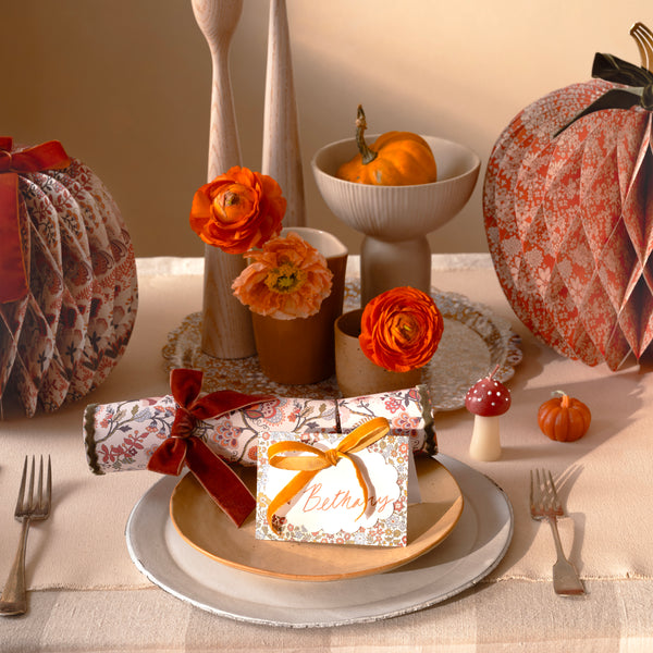 Use our paper place cards, with charming Liberty floral prints and velvet bow details, for a stylish Thanksgiving dinner or any fall party. Image2