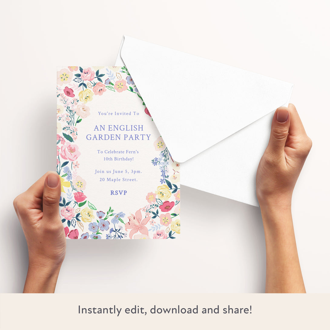 Our stylish digital party invitation includes charming flowers, perfect for a garden party.