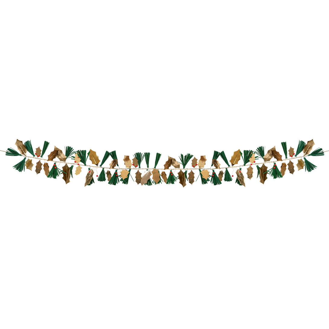 Our festive garland includes holly, berries and pine needles crafted from paper and wooden beads for a special Christmas foliage look.