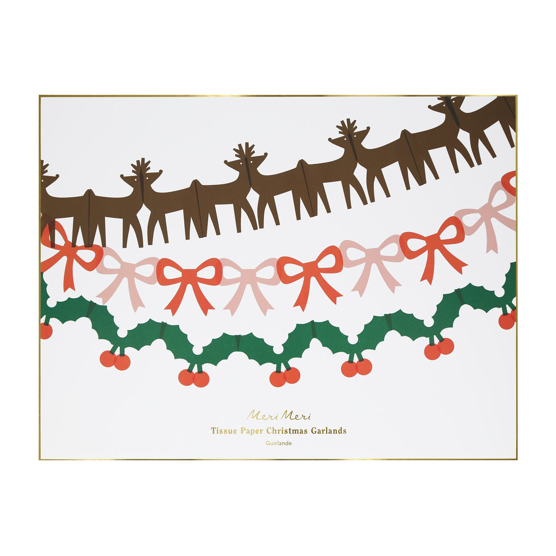 Our classic Christmas garlands, featuring reindeer, bows and holly and berries, are made with colorful tissue paper.