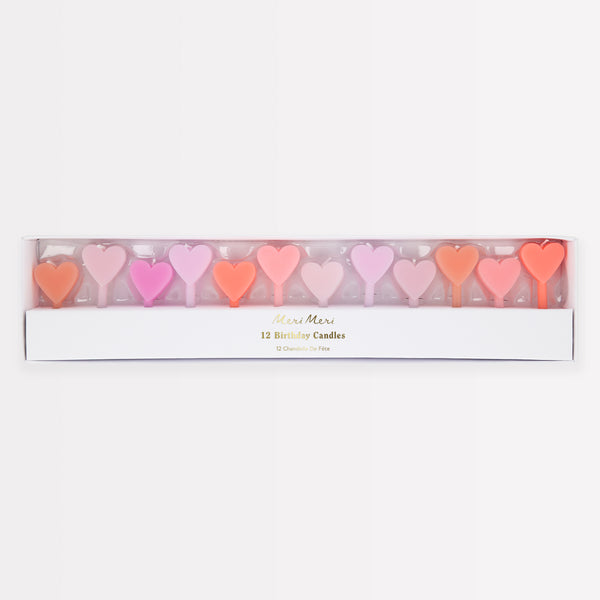 Our mini heart candles in shades of pink are great for a bridal shower cake, anniversary cake or any romantic occasion.