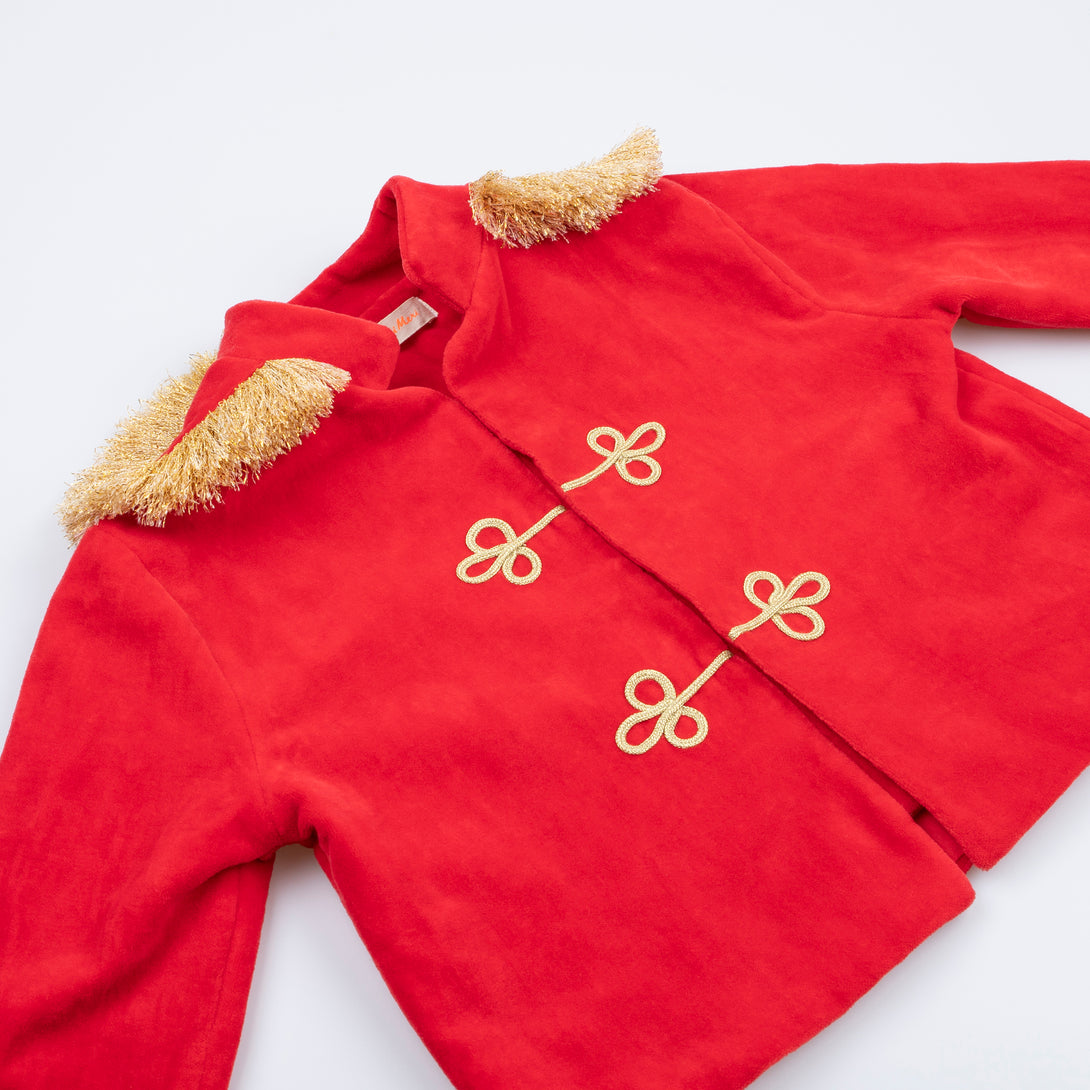 Our drummer boy soldier costume is crafted from soft velvet and plush, a traditional Christmas costume for kids.