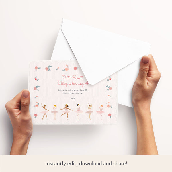 Our digital party invitation featuring pretty ballerinas is perfect for a ballet party. Image3