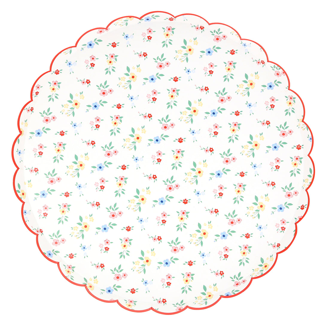 Our floral dinner plates, with scalloped red borders, give a classic yet contemporary look to a garden party, baby shower or bridal shower.